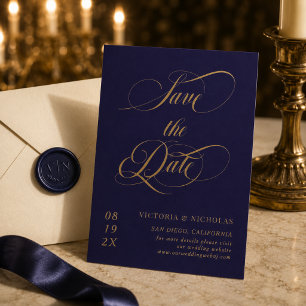 Reserva La Fecha Boda Romántica Elegante Azul Cobalto