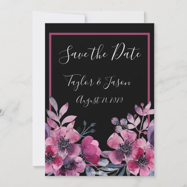 Reserva La Fecha Boda romántico de escritura floral negra y rosa (Anverso)