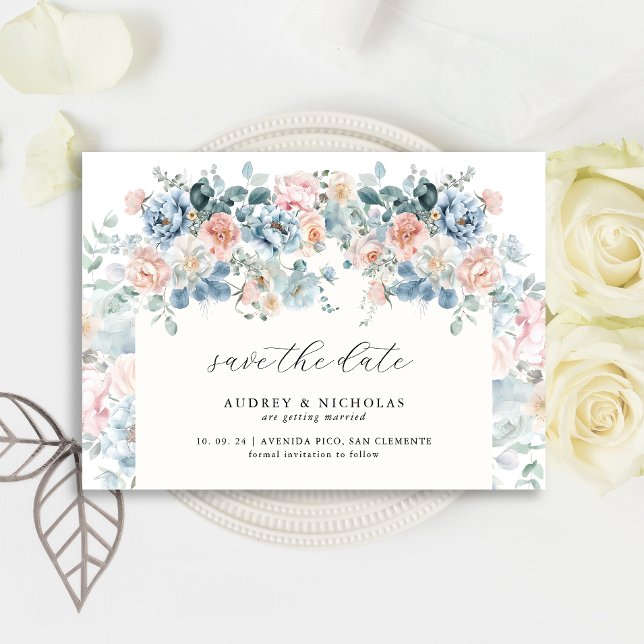 Reserva La Fecha Boda Romántico Elegante Dusty Blue Peach Florals (Subido por el creador)