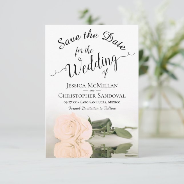 Reserva La Fecha Boda romántico Rosa de la pluma pálida que refleja (Anverso de pie)