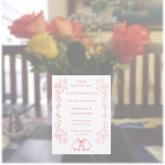 Reserva La Fecha Boda Rosa Guardar Las Correas De Fecha Desplazamie (Pink wedding save the date card bells and scrollwork design)