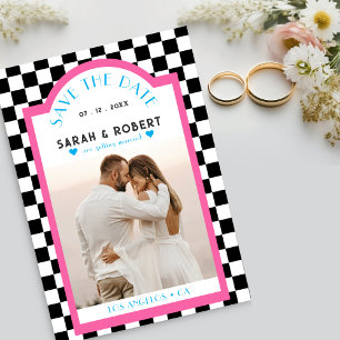 Reserva La Fecha Boda rosa y azul de tablero de ajedrez retro