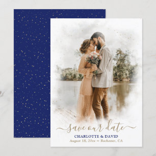 Reserva La Fecha Boda Royal Blue Gold Photo Save Our Date Card