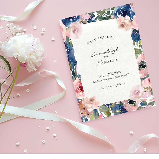 Reserva La Fecha Boda Rubor Blue Floral de papel desgarrado (Subido por el creador)