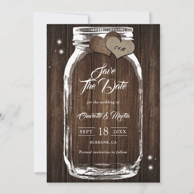 Reserva La Fecha Boda Rustic Country Wood Mason Jar (Anverso)