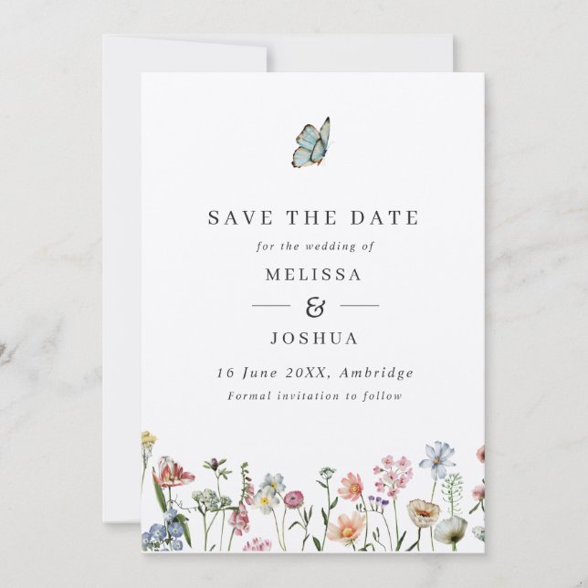 Reserva La Fecha Boda Rustic Kraft Wildflowers y Butterfly (Anverso)