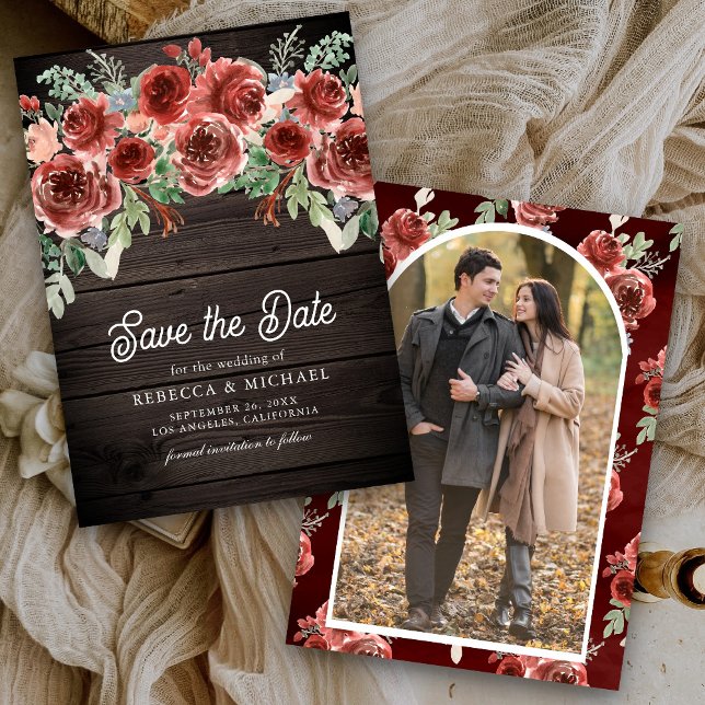 Reserva La Fecha Boda Rustic Marsala Floral Photo Wood (Subido por el creador)