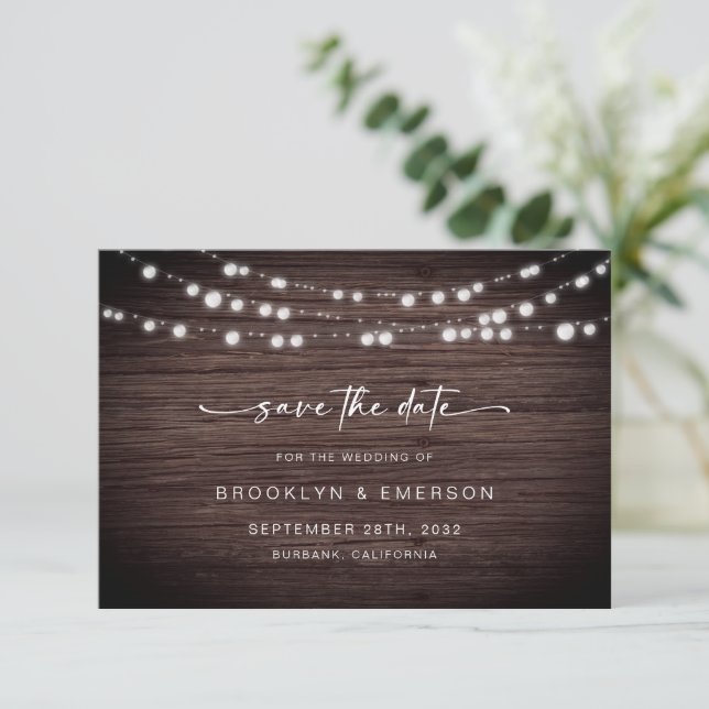 Reserva La Fecha Boda Rustic Wood Lights (Anverso de pie)
