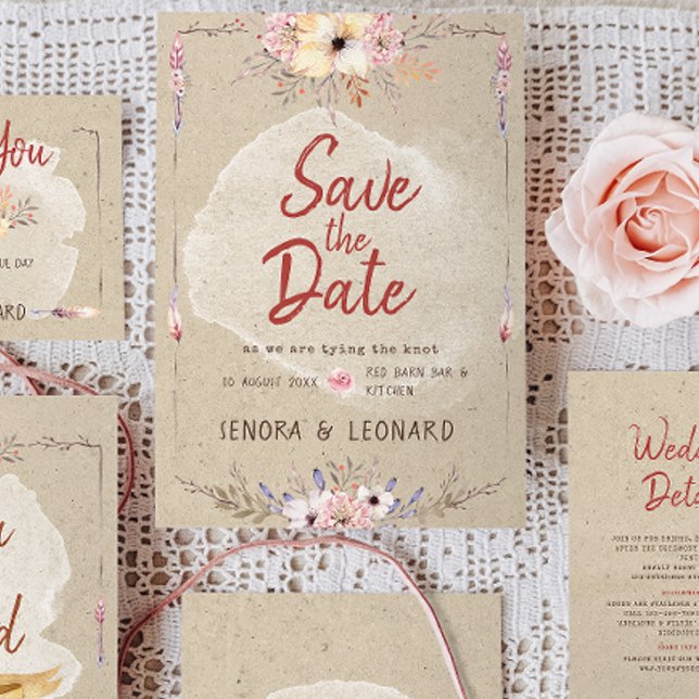 Reserva La Fecha Boda Rústica Boho con Flores en Papel Kraft (Subido por el creador)