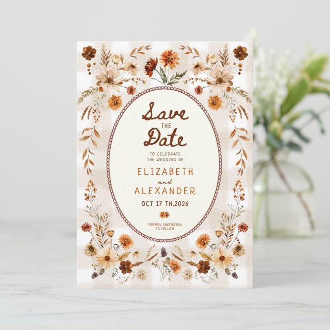 Reserva La Fecha Boda rústica boho floral de otoño (Anverso de pie)