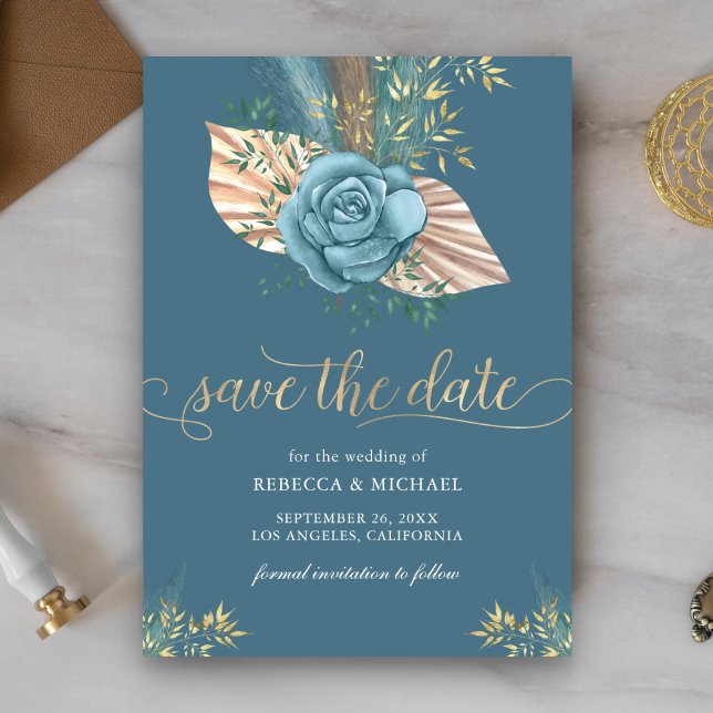 Reserva La Fecha Boda Rústica Boho Palma Floral Polvo Azul (Subido por el creador)