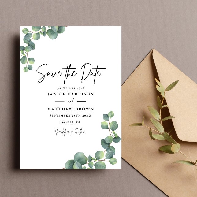 Reserva La Fecha Boda Rústica Botánica con Verde de Eucalipto (Rustic eucalyptus greenery save the date adds natural charm and beautifully announces your wedding.)
