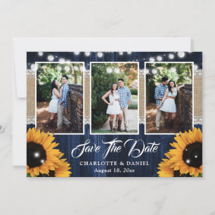 Reserva La Fecha Boda rústica de azul marino y girasoles 3 fotos