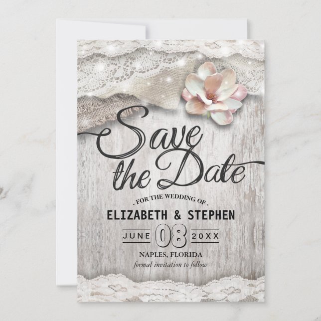 Reserva La Fecha Boda Rústica De Madera Burlap Lace Barn Boda Salva (Anverso)