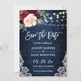 Reserva La Fecha Boda Rústico Azul Rojo Floral de cadenas