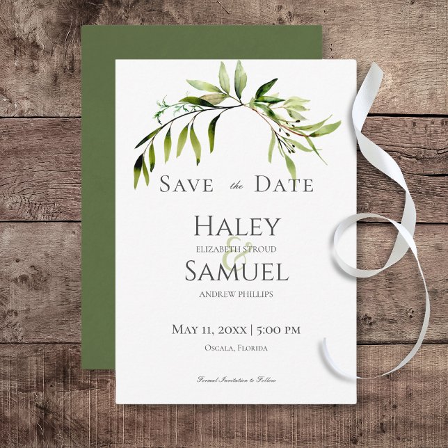 Reserva La Fecha Boda rústico botánico de vegetación (Rustic Botanical Greenery Bough Wedding Save the Date Card)