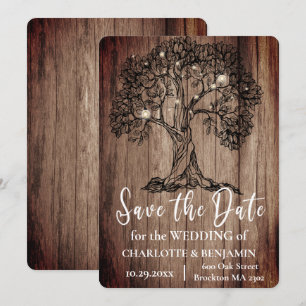 Reserva La Fecha Boda Rústico de Arbol de Roble de Madera y Luces d