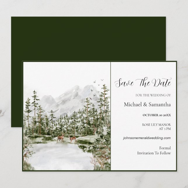 Reserva La Fecha Boda Rústico de la Selva de Montaña de Acuarela (Anverso / Reverso)