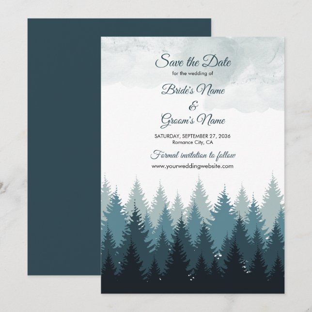 Reserva La Fecha Boda Rústico del bosque acuático del árbol del pin (Anverso / Reverso)