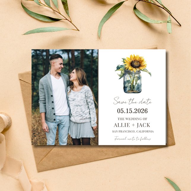 Reserva La Fecha Boda Rústico Elegante Fotográfico Sunflower (Sunflower Elegant Photo Country Rustic Wedding Save The Date)