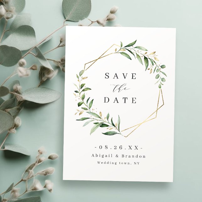 Reserva La Fecha Boda Rústico Geométrico de Oro de Verdemia Moderna (Modern Greenery Gold Geometric Rustic Wedding Save The Date)