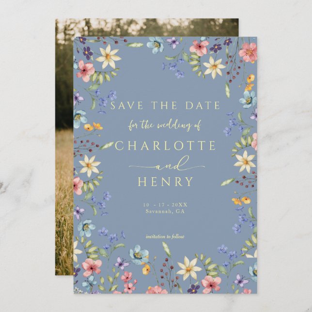 Reserva La Fecha Boda Rústico Sencillo Y Dusty Blue Photo (Anverso / Reverso)