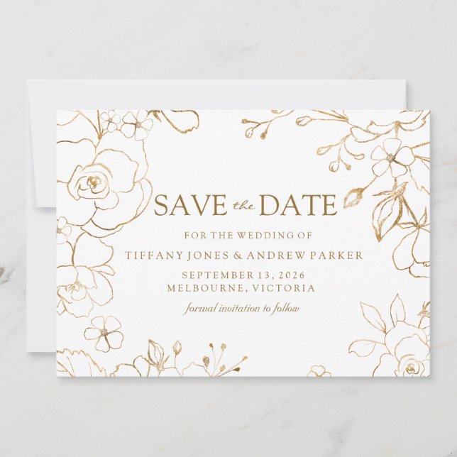 Reserva La Fecha Boda Sencilla Sencilla Floral Dorada (Anverso)