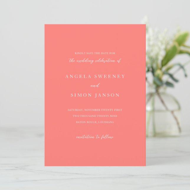 Reserva La Fecha Boda Simple Coral Vibrante y Moderno (Anverso de pie)