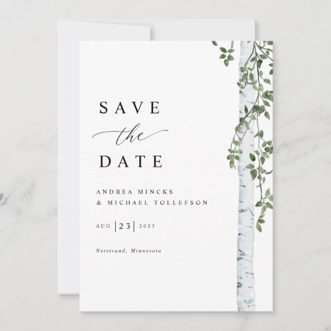 Reserva La Fecha Boda Simple de Árbol de Abedul (Anverso)