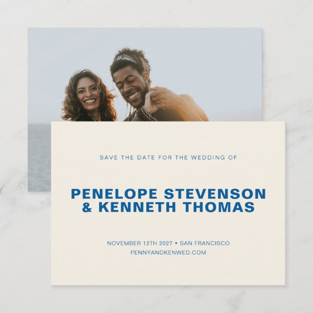 Reserva La Fecha Boda simple de fotografía azul cobalto moderno (Anverso / Reverso)