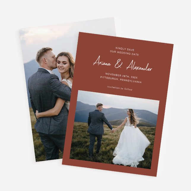 Reserva La Fecha Boda simple de fotos con guión de terracota (Subido por el creador)