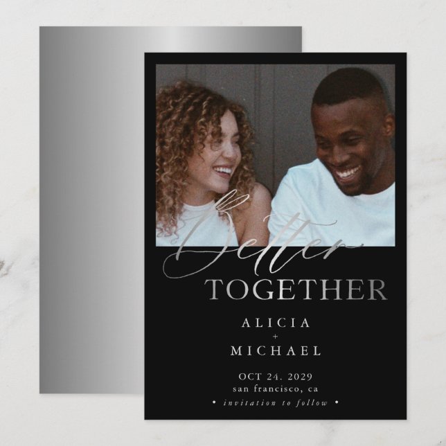 Reserva La Fecha Boda simple de guion plateado con foto moderna (Anverso / Reverso)