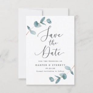 Reserva La Fecha Boda simple de hojas de eucalipto y caligrafía
