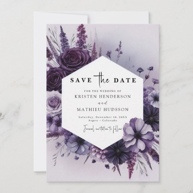 Reserva La Fecha Boda simple romántico morado floral (Anverso)