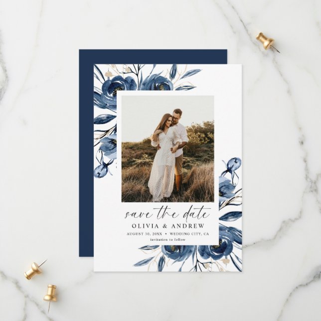 Reserva La Fecha Boda Simple y Elegante con Flores Azules en Letra  (Anverso/Reverso In Situ)