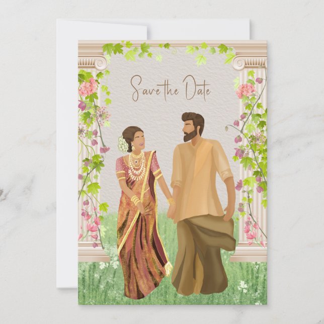 Reserva La Fecha Boda Tamil Ilustracion De Pareja Guardar La Fecha (Anverso)