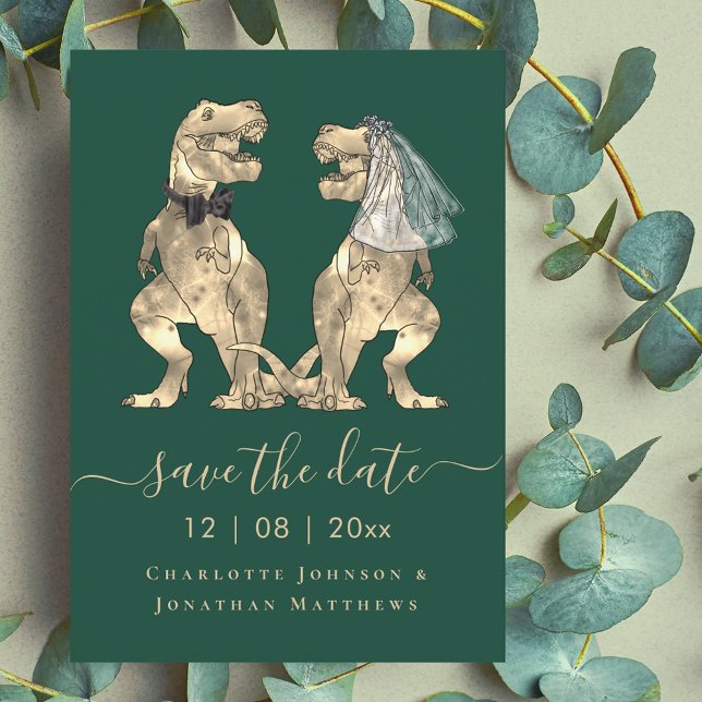 Reserva La Fecha Boda temática de dinosaurios (Funny dinosaur wedding save the date T-Rex bride and groom dino elegant script Dark green invitation)