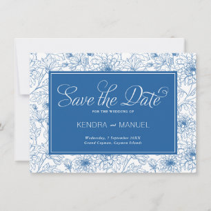 Reserva La Fecha Boda Toile Chinoisería Floral Azul Delft