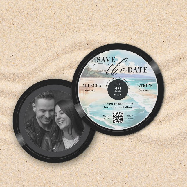Reserva La Fecha Boda Tropical Beach Save the Date Music Love QR (tropical beach wedding save the date photo musician music lover vintage vinyl record QR code)