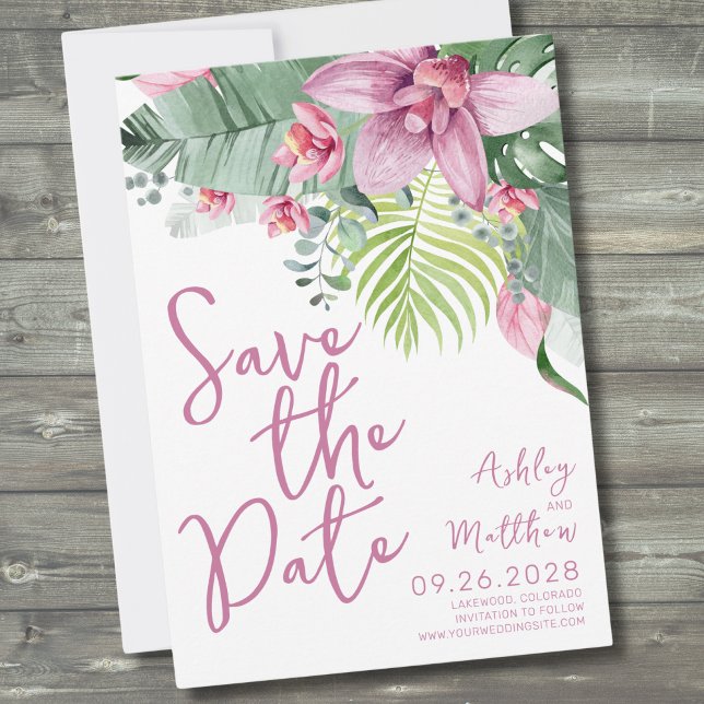 Reserva La Fecha Boda Tropical de Orquídea Floral (Purple Orchid Foliage Floral Tropical Wedding Save The Date)