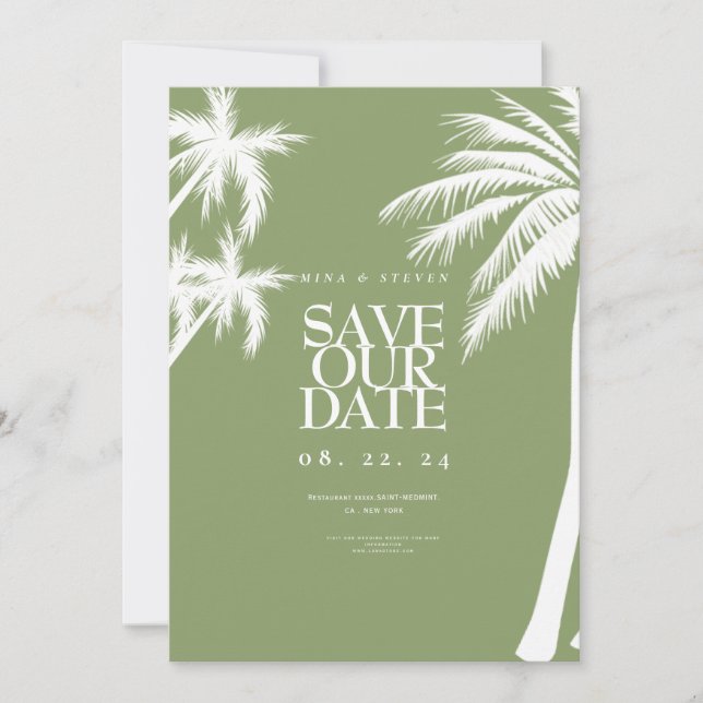 Reserva La Fecha boda tropical de palmera verde (Anverso)