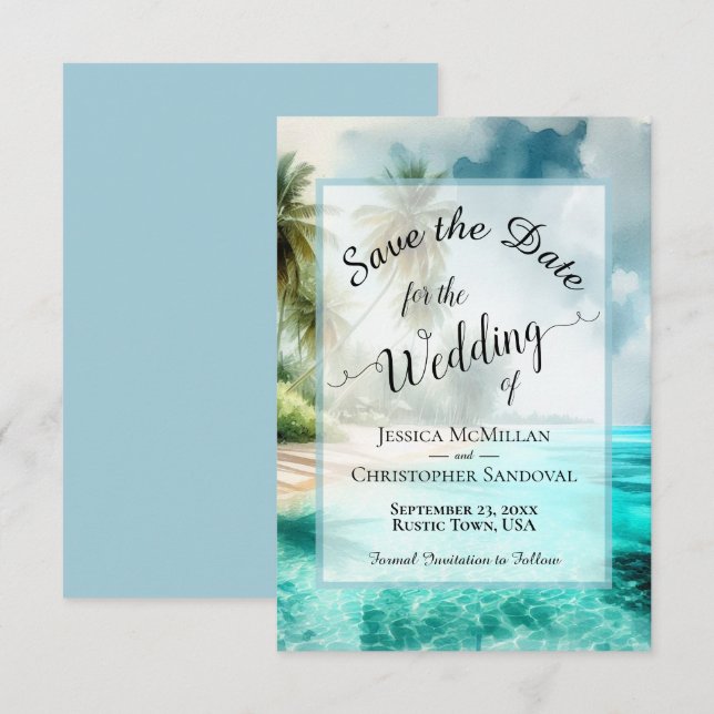 Reserva La Fecha Boda Tropical de Playa con Caligrafía Elegante (Anverso / Reverso)