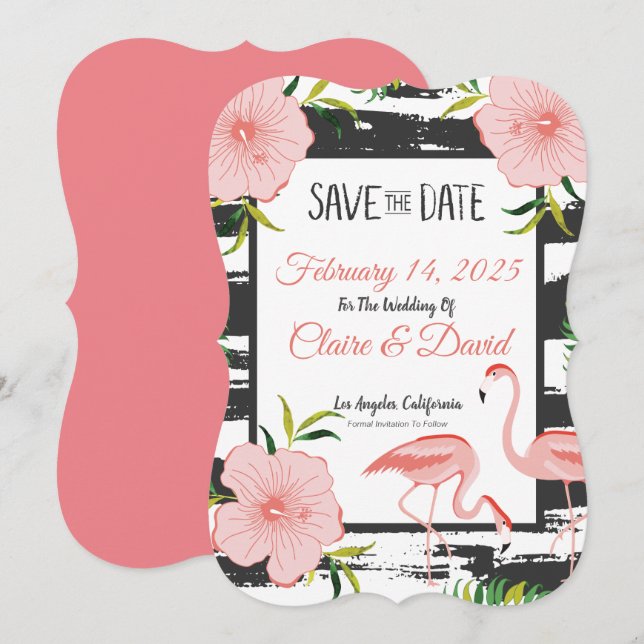 Reserva La Fecha Boda Tropical Flamenco Rosa (Anverso / Reverso)