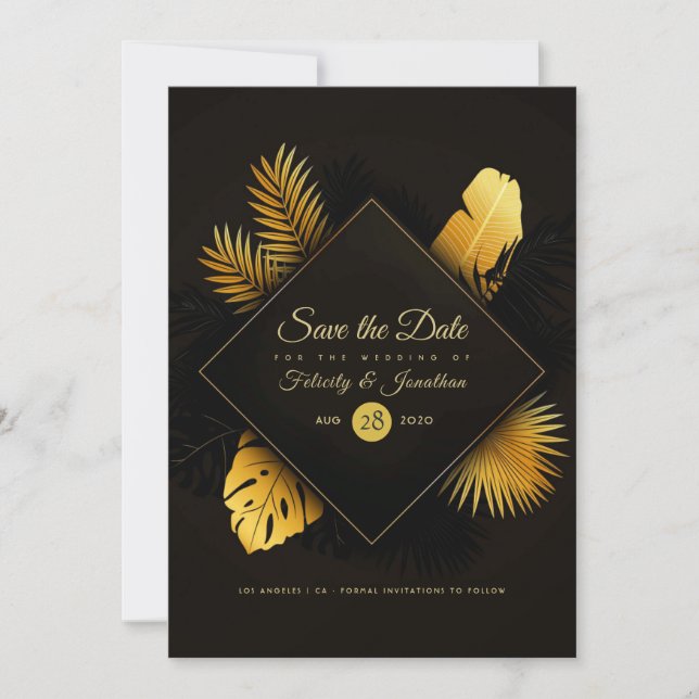 Reserva La Fecha Boda Tropical Negro y Oro (Anverso)
