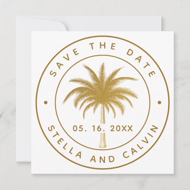 Reserva La Fecha Boda Tropical Palm Tree Photo Gold (Anverso)