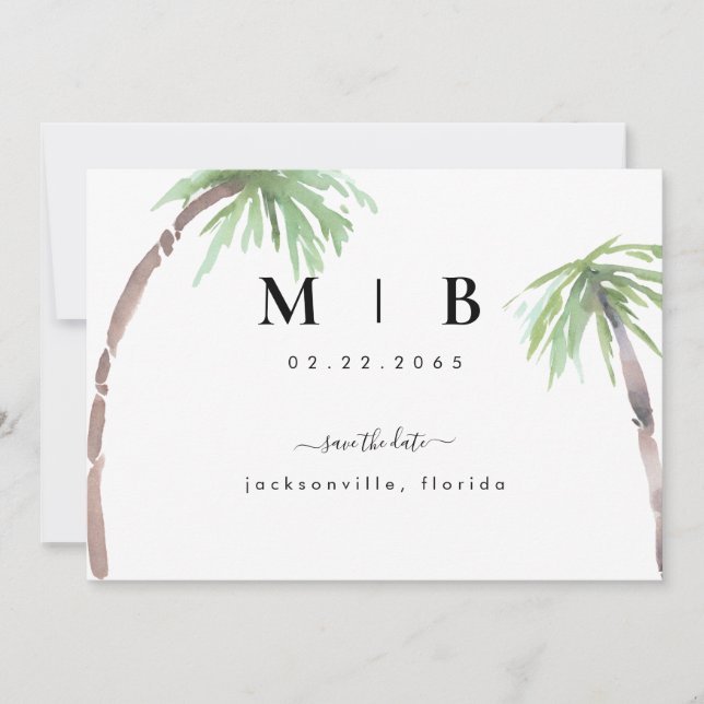 Reserva La Fecha Boda Tropical Simple de Iniciales Guardar la Fecha (Anverso)