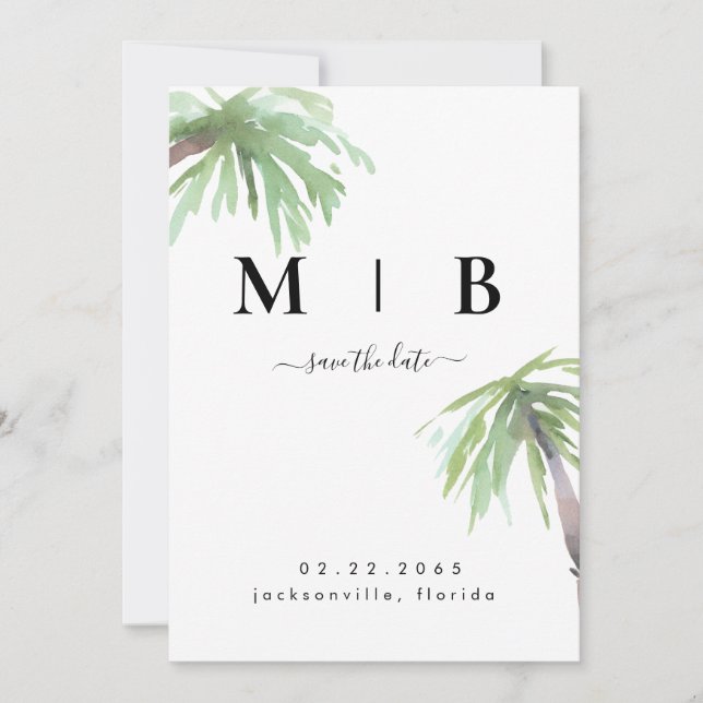 Reserva La Fecha Boda Tropical Simple Iniciales Vertical (Anverso)
