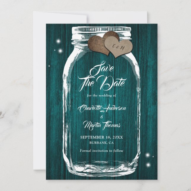 Reserva La Fecha Boda verde azulado Mason Jar Rustic Country Barn W (Anverso)