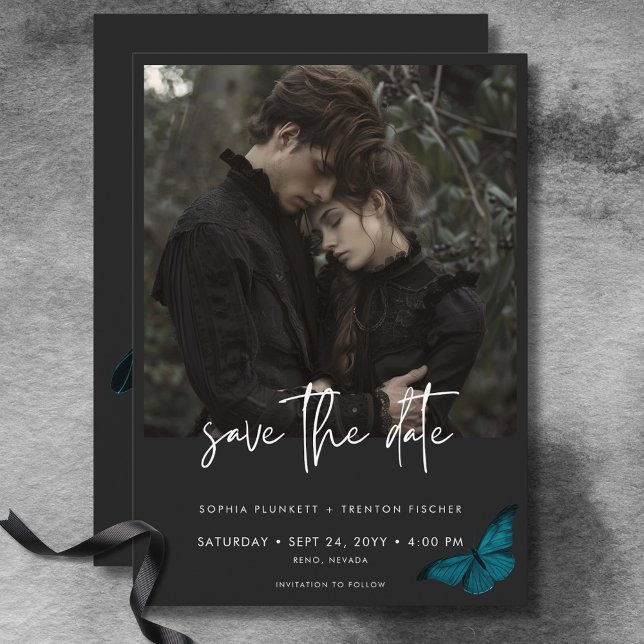 Reserva La Fecha Boda Verde azulado Mínimo de Fotografía Moody Mood (Dark Moody Minimal Teal Moth Photo Wedding Save The Date)