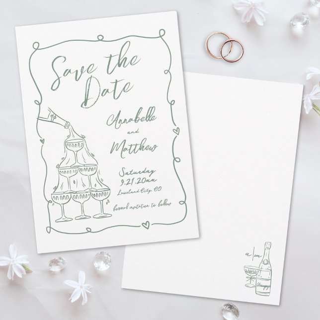 Reserva La Fecha Boda Verde Caprichosa Dibujada a Mano (Whimsical Hand Drawn Green Wedding Save the Date )